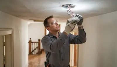 Electrician wiring an interconnected smoke detector to a ceiling base in an Allentown, PA home