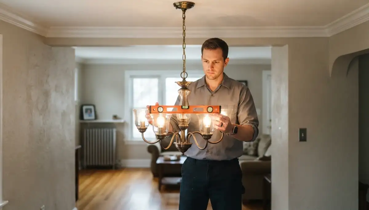 Electrician in Allentown, PA levels a chandelier and tests its dimmer for smooth operation