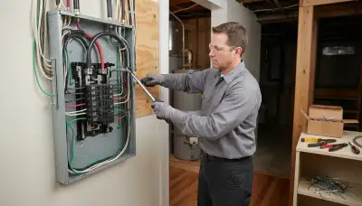 Electrician in Allentown, PA torques feeder conductors in a load center during panel installation