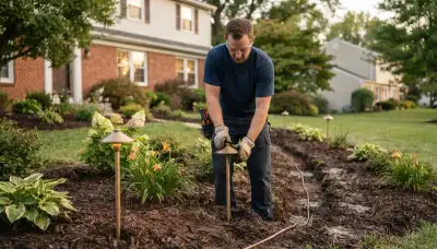 Electrician installing low-voltage landscape lighting fixtures and buried cable in Allentown, PA