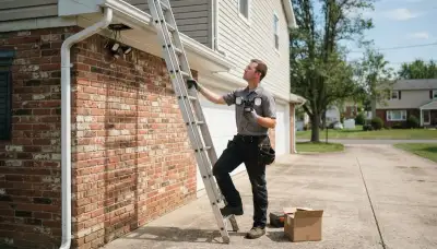Electrician installs a motion-sensor security light on an Allentown, PA garage.