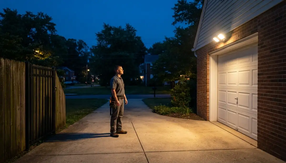 Electrician verifies motion-activated security light coverage on an Allentown, PA driveway at dusk