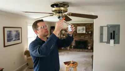 Electrician replacing a ceiling fan capacitor and reconnecting wiring in an Allentown, PA home.