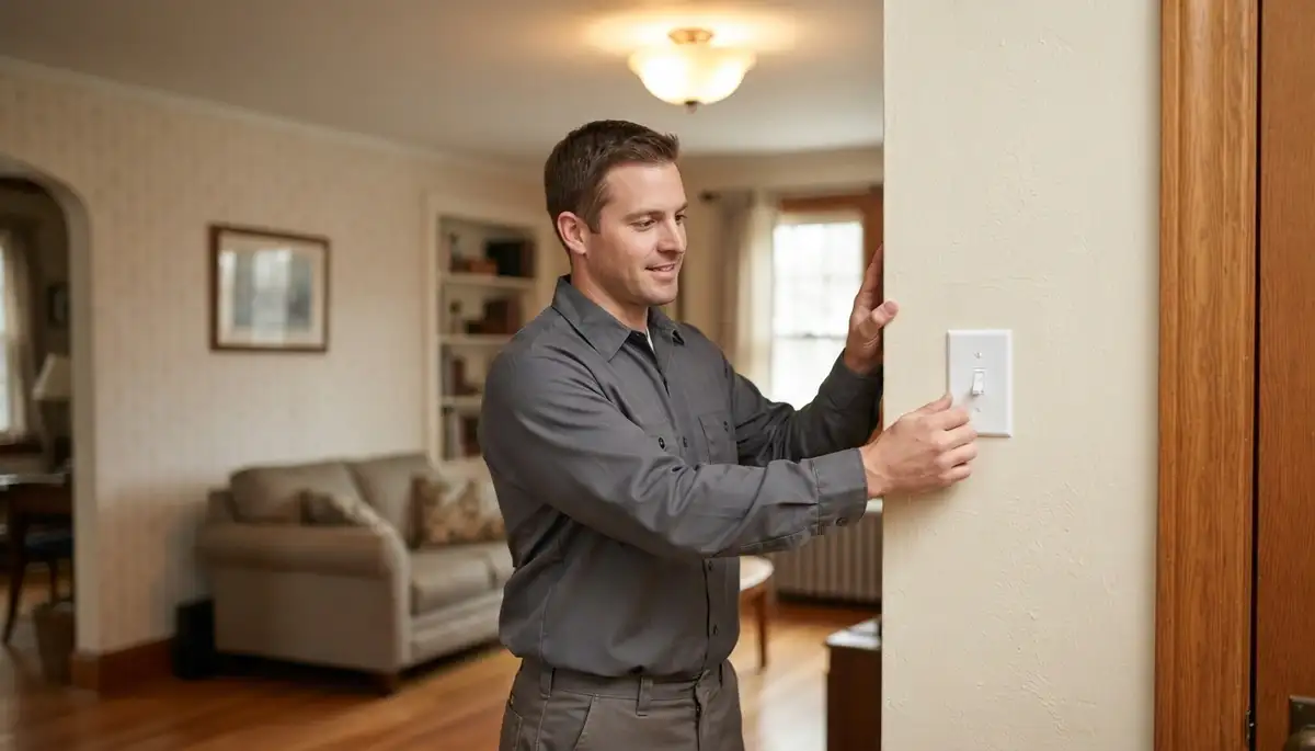 Electrician tests a repaired light switch and fixture operation in an Allentown, PA home