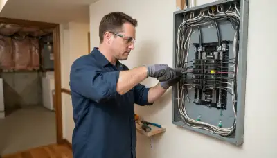 Electrician installing a circuit breaker in a de-energized electrical panel in Allentown, PA