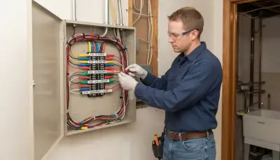 Electrician terminating color-coded fire alarm zone wiring in a control panel for an Allentown, PA home