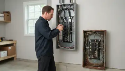 Electrician upgrading an electrical panel in an older Schnecksville, PA home near Allentown
