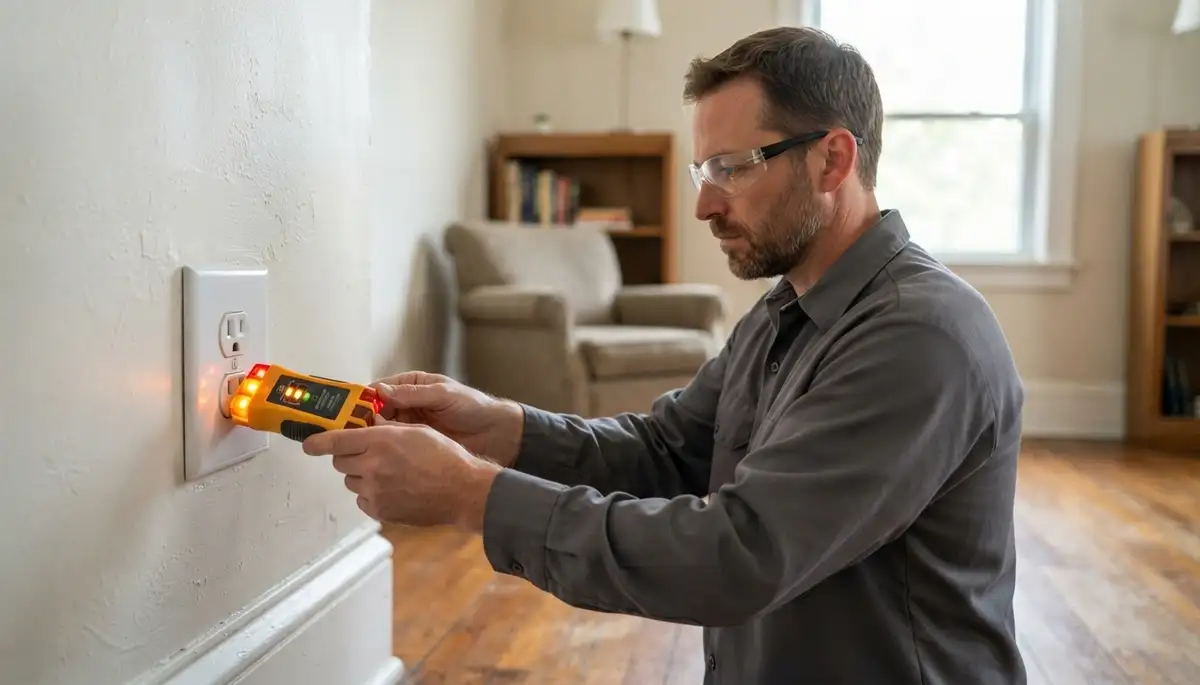 Electrician verifies outlet polarity and ground continuity after repair in Allentown, PA