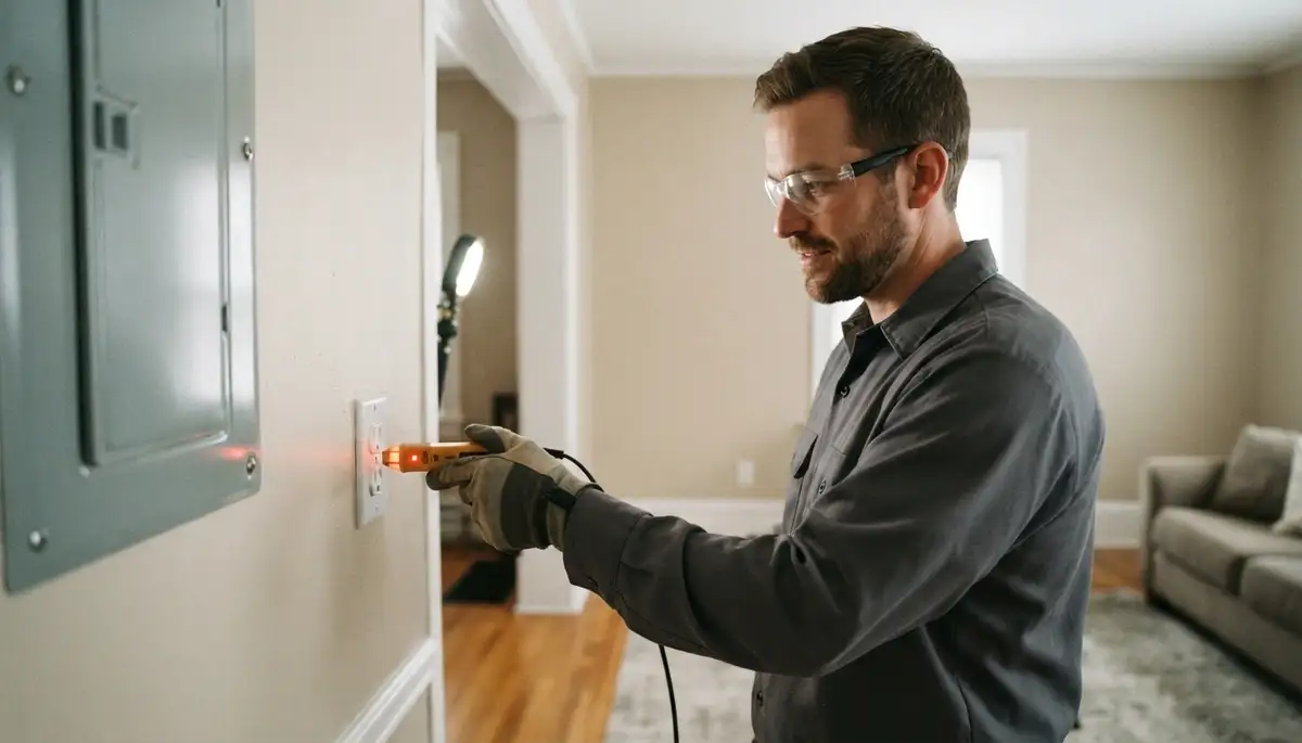 Electrician tests a restored electrical outlet with a voltage tester after repair in Allentown, PA