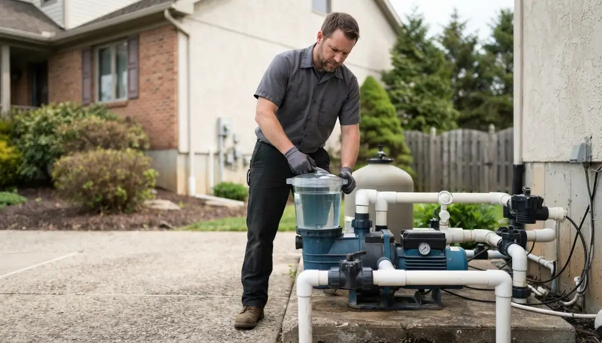 Technician verifies pool pump flow and closes the primed strainer lid in Allentown, PA