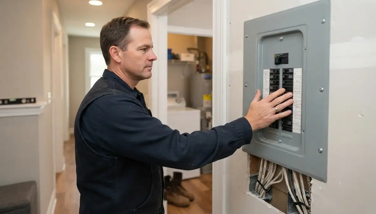 Electrician verifies completed electrical panel during final walkthrough in Allentown, PA