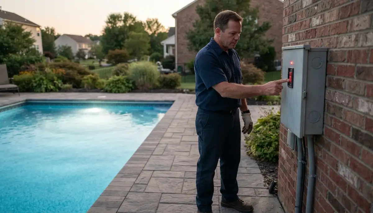 Electrician tests GFCI protection while pool lights illuminate in Allentown, PA