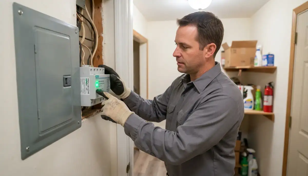 Allentown, PA electrician checks whole-home surge protector status light in a residential electrical panel