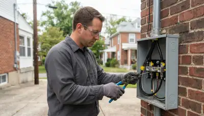 Electrician installing heavy service conductors in a weather-sealed meter base in Allentown, PA