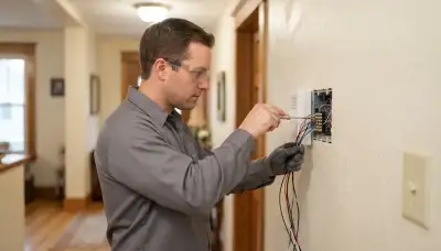 Electrician terminating intercom station wiring with secure terminal connections in an Allentown, PA home