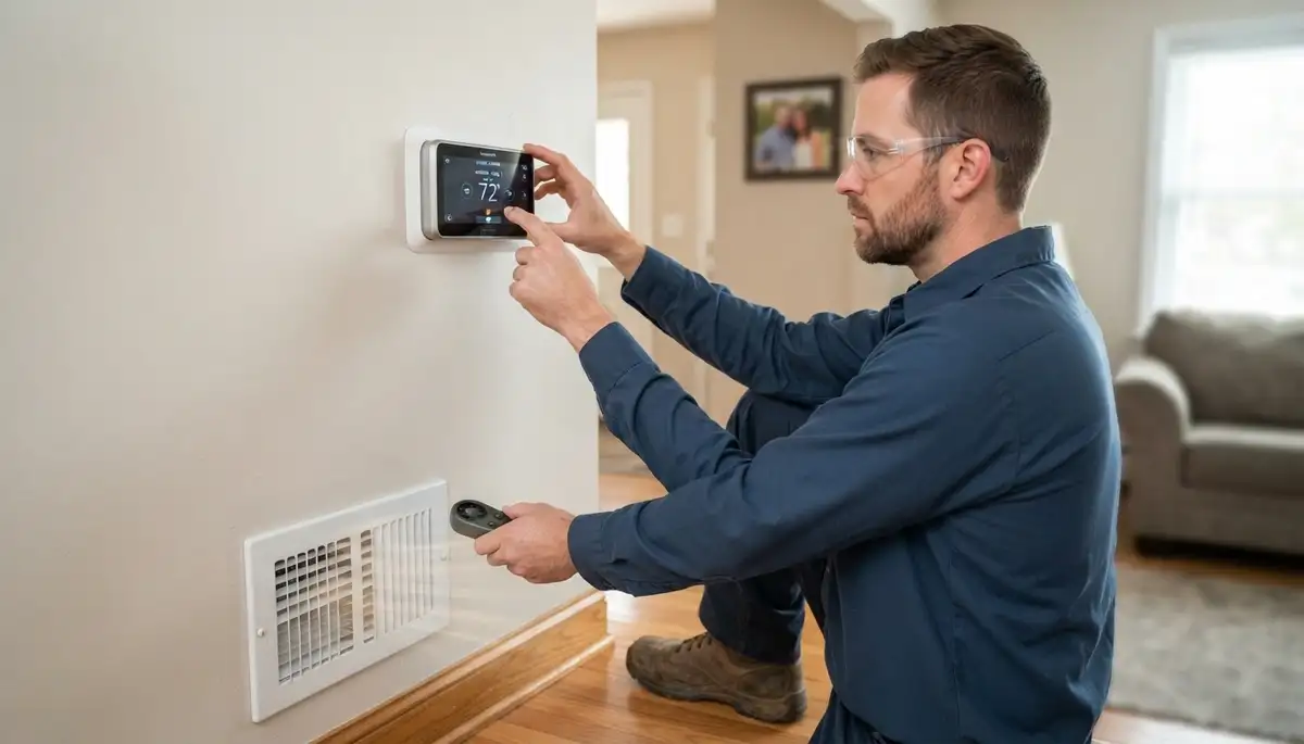 Electrician testing a newly installed thermostat in heating and cooling modes in Allentown, PA