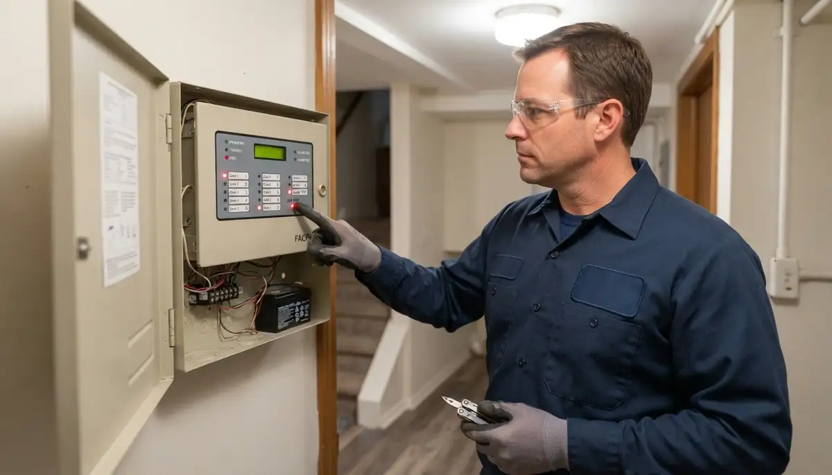 Technician tests fire alarm control panel zones during an Allentown, PA home installation walkthrough.