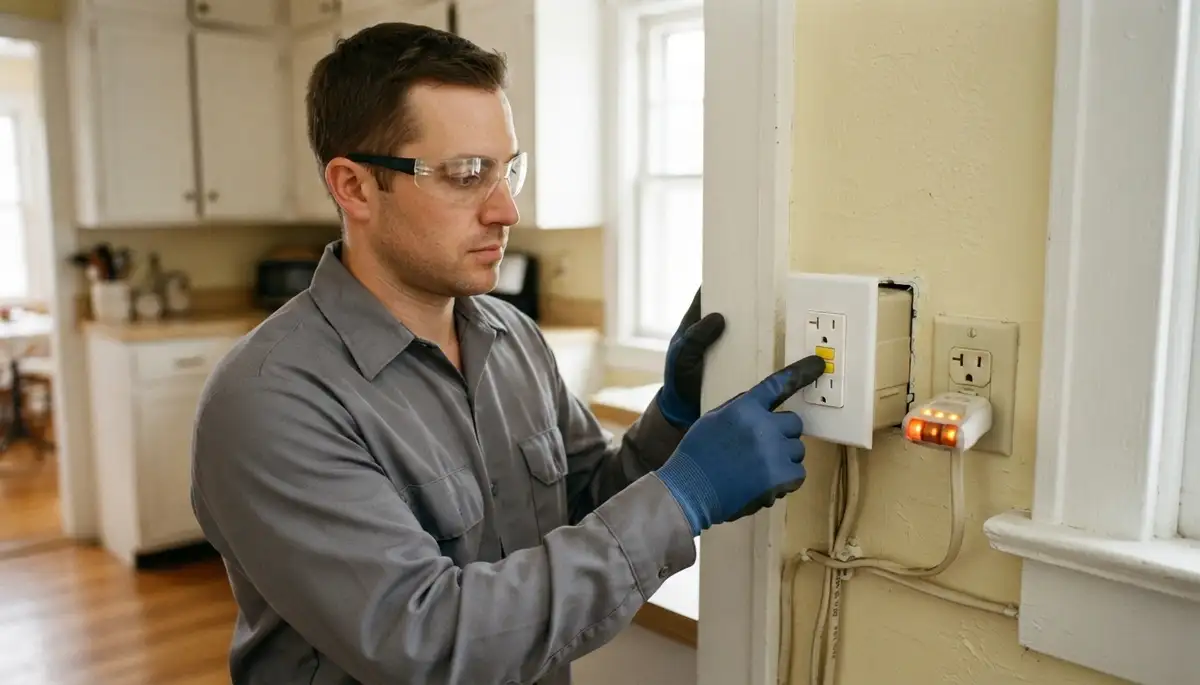 Electrician presses test button on a newly installed GFCI outlet in an Allentown, PA home