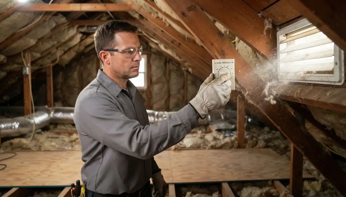 Electrician adjusts attic fan thermostat while verifying soffit airflow in Allentown, PA