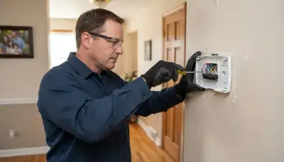 Electrician wiring a new thermostat in an Allentown, PA home, securing labeled control wires to terminals