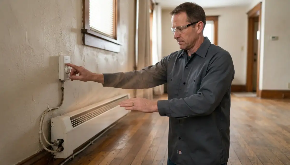 Allentown, PA electrician adjusts an electric heater thermostat during final heating output verification