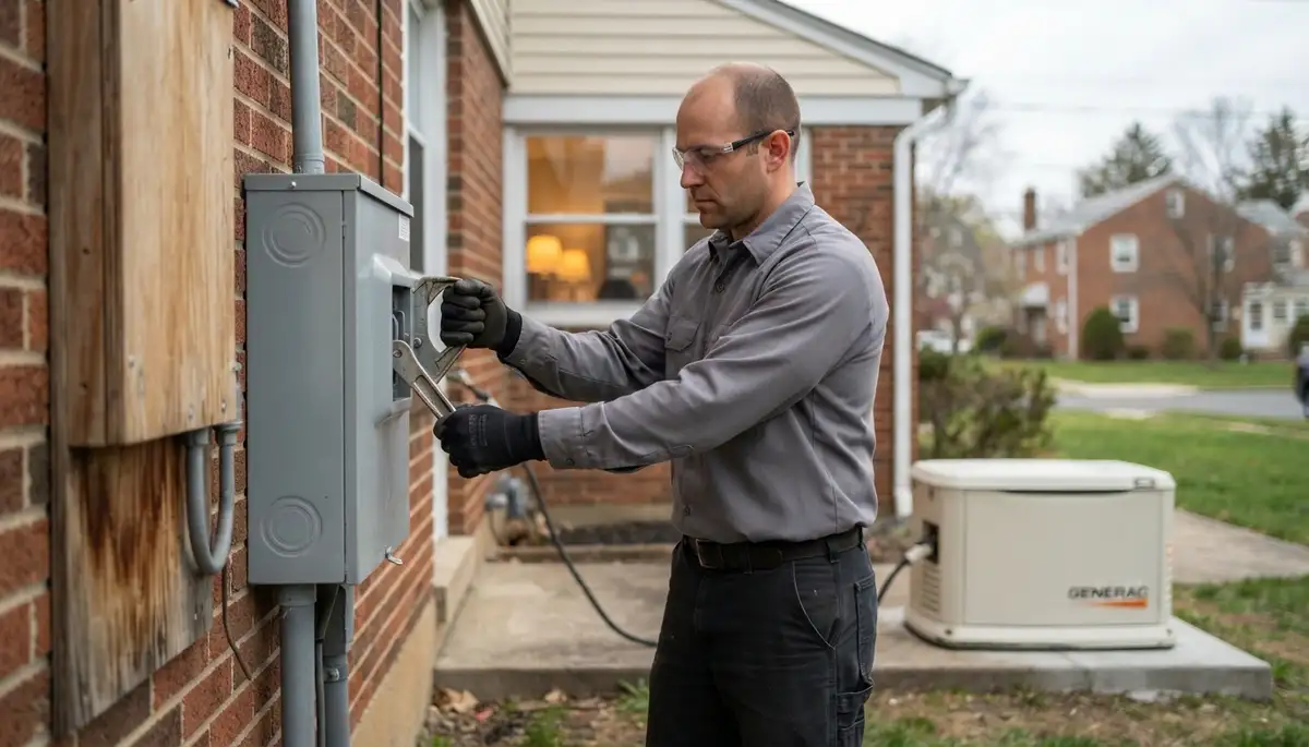 Electrician tests a generator transfer switch during a simulated outage in Allentown, PA
