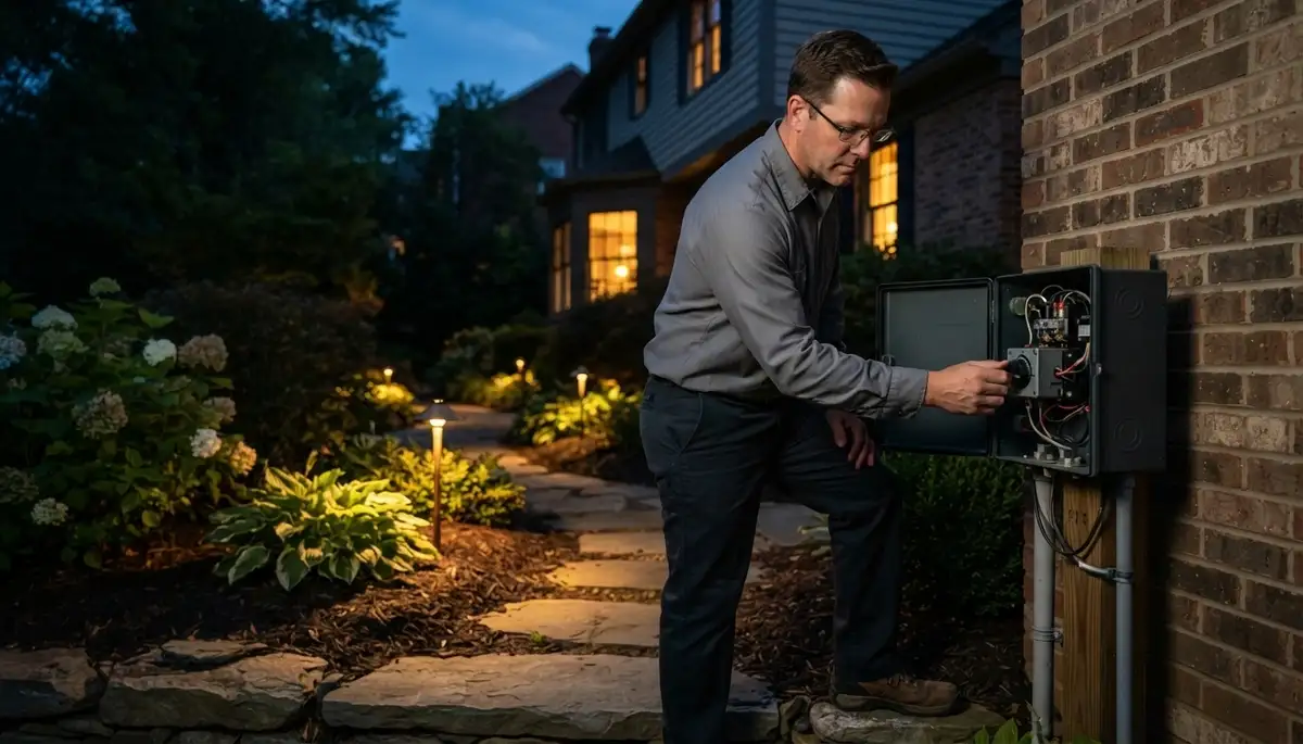 Electrician adjusts a landscape lighting transformer and aims yard fixtures at night in Allentown, PA