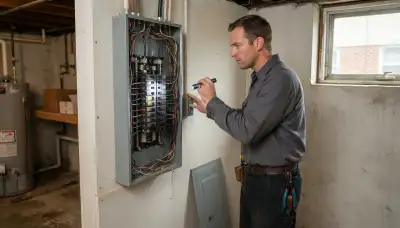 Electrician uses flashlight and tester during whole-home electrical inspection in Bethlehem, PA