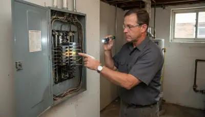 Electrician performing a whole-home electrical inspection in Coplay, PA, checking breakers and wiring