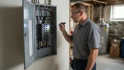 Electrician reviewing a whole-home electrical inspection report for a Laurys Station, PA home