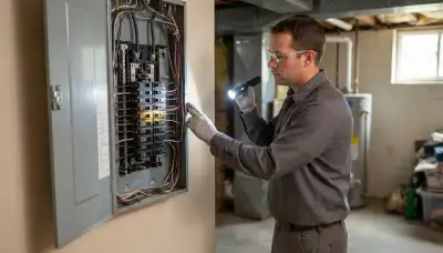 Electrician inspecting wiring, outlets, and breaker panel during a whole-home electrical inspection in Schnecksville, PA