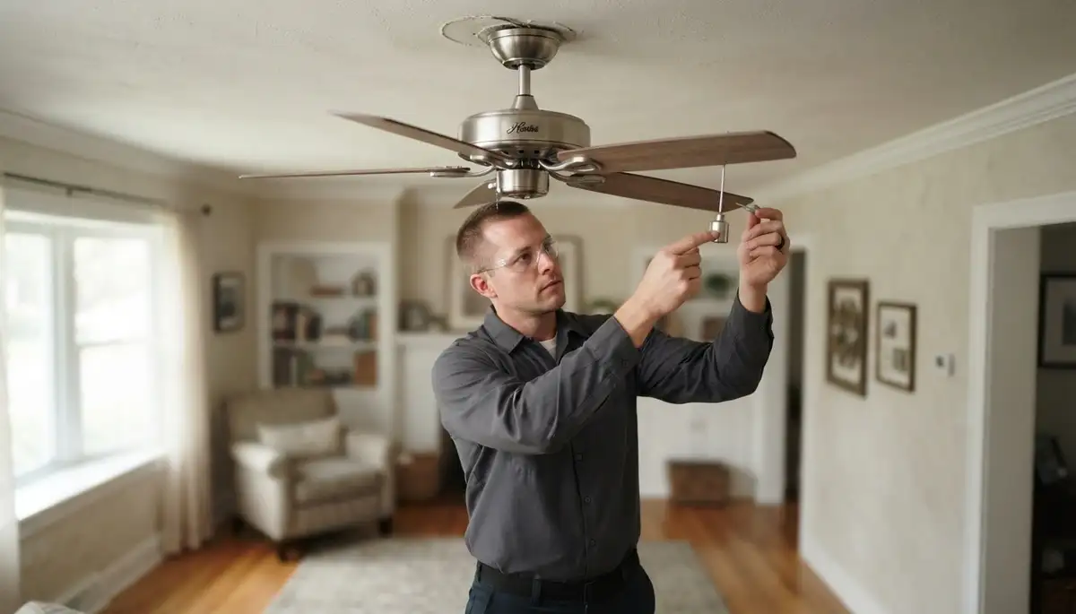 Allentown, PA electrician applies a balancing weight to a ceiling fan blade during repair